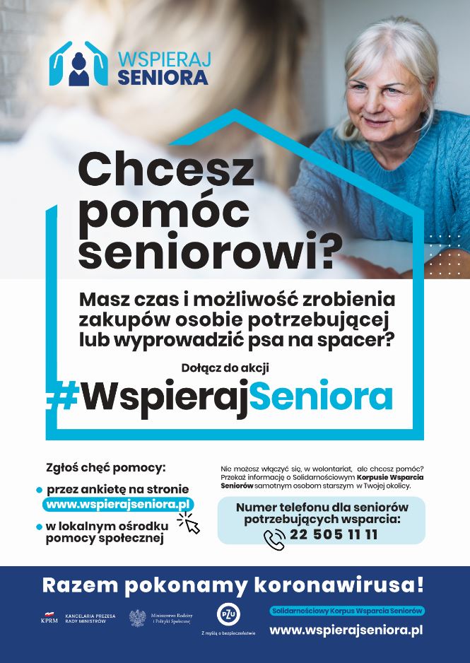 plakat akcji Wspieraj Seniora - Zostań Wolontariuszem